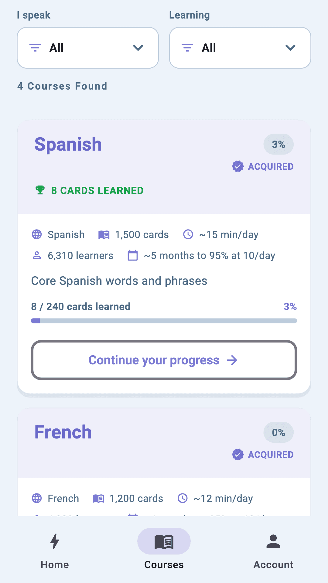 Courses selection screen displaying available language courses with word counts and learning progress indicators