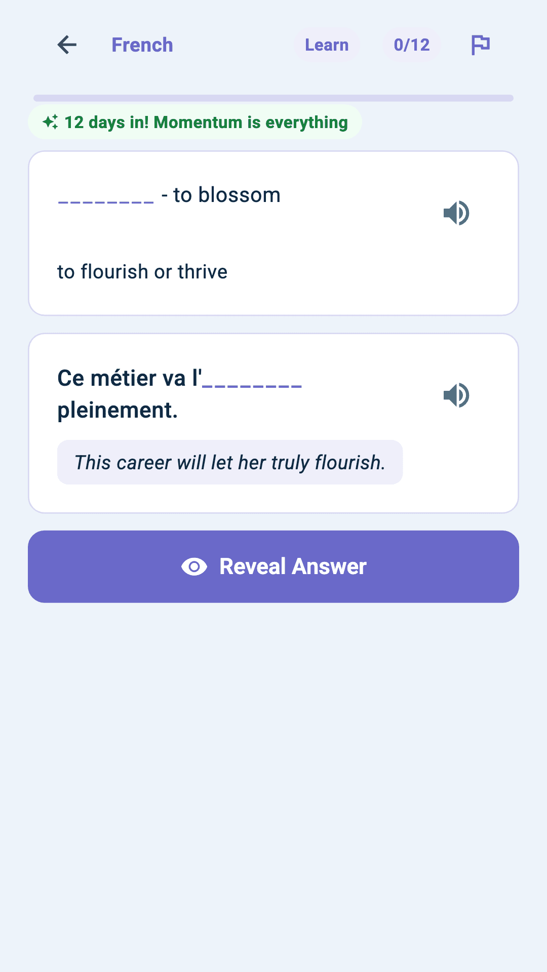 Learning screen showing a study question: the target word hidden as a blank within an example sentence, with multiple-choice options to answer