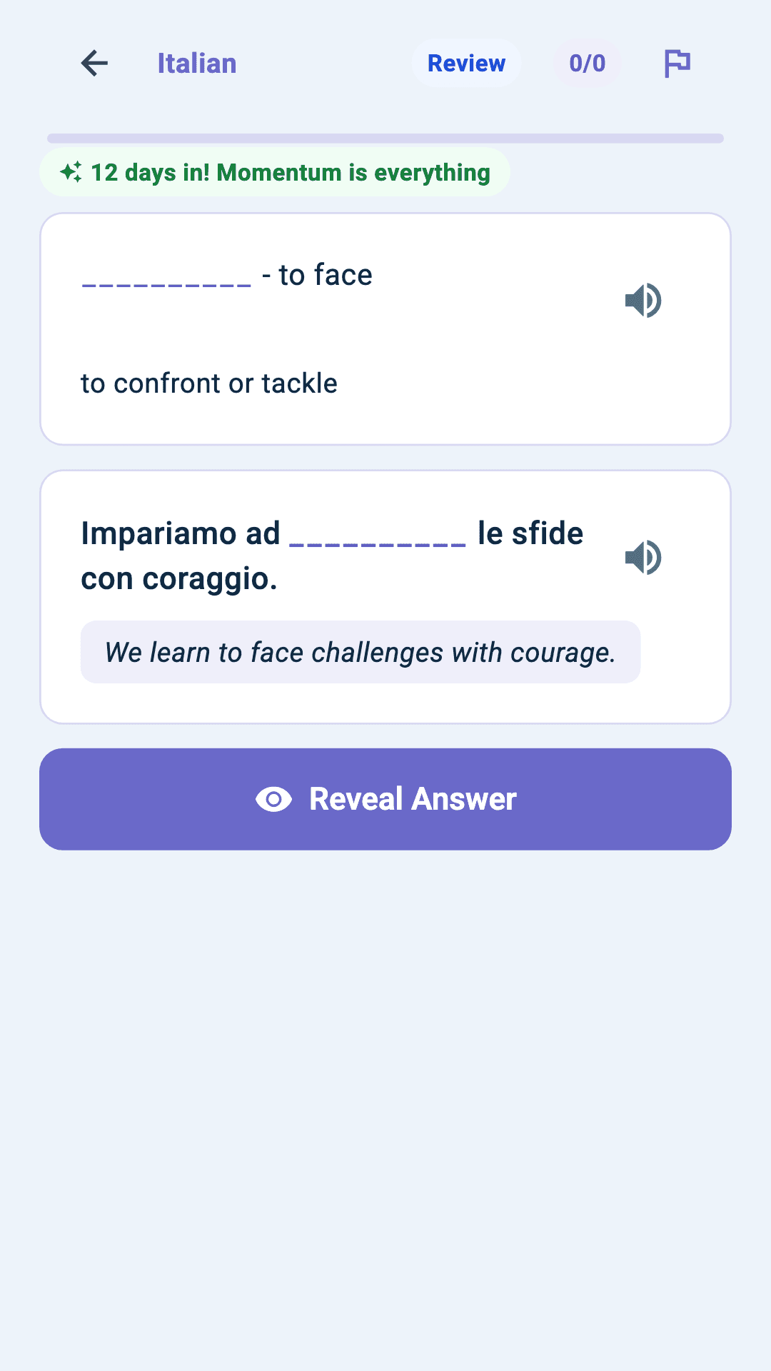 Review screen after answering correctly: the target word revealed in its example sentence and the correct multiple-choice option highlighted green with a checkmark